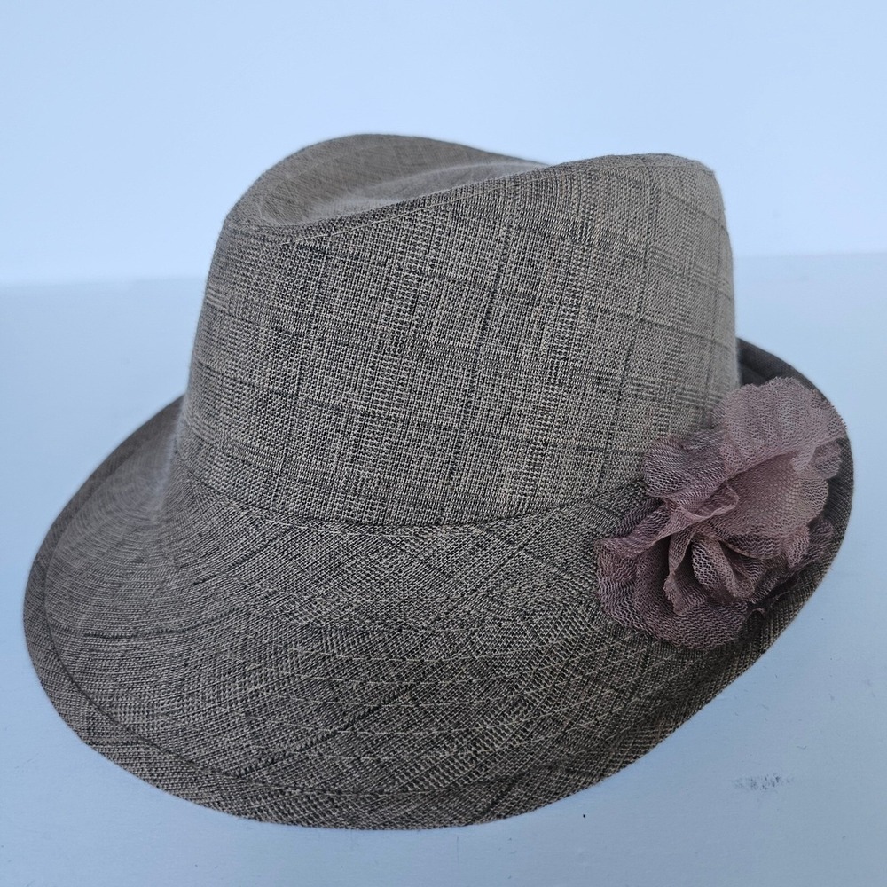 Adult Charming Charlie Fedora Hat Taupe Linen Blend Flower Accent Summer Sun Hat